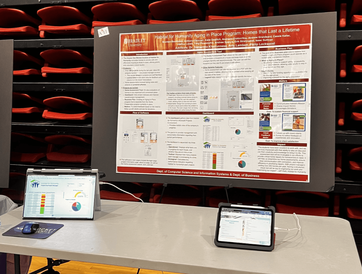 Our booth at the Student Scholarship expo showing off the tablet with the assessment tool, and a laptop with the dasboard.